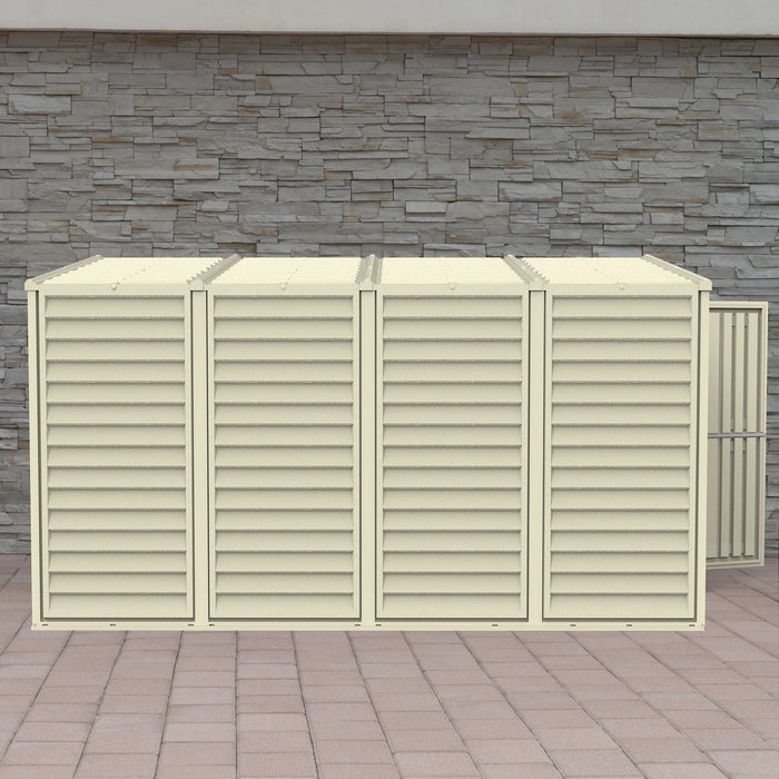 Duramax SideMate 4'x10' Vinyl Resin Outdoor Storage Shed against a decorative stone wall backdrop, emphasizing its aesthetic appeal and durable construction.