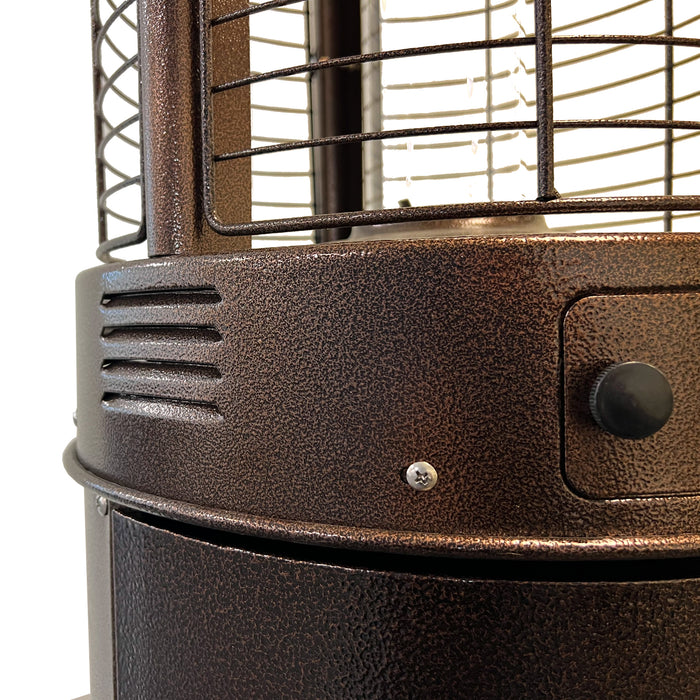 Detailed view of the bronze Vulcan Tower Heater with the protective grill 