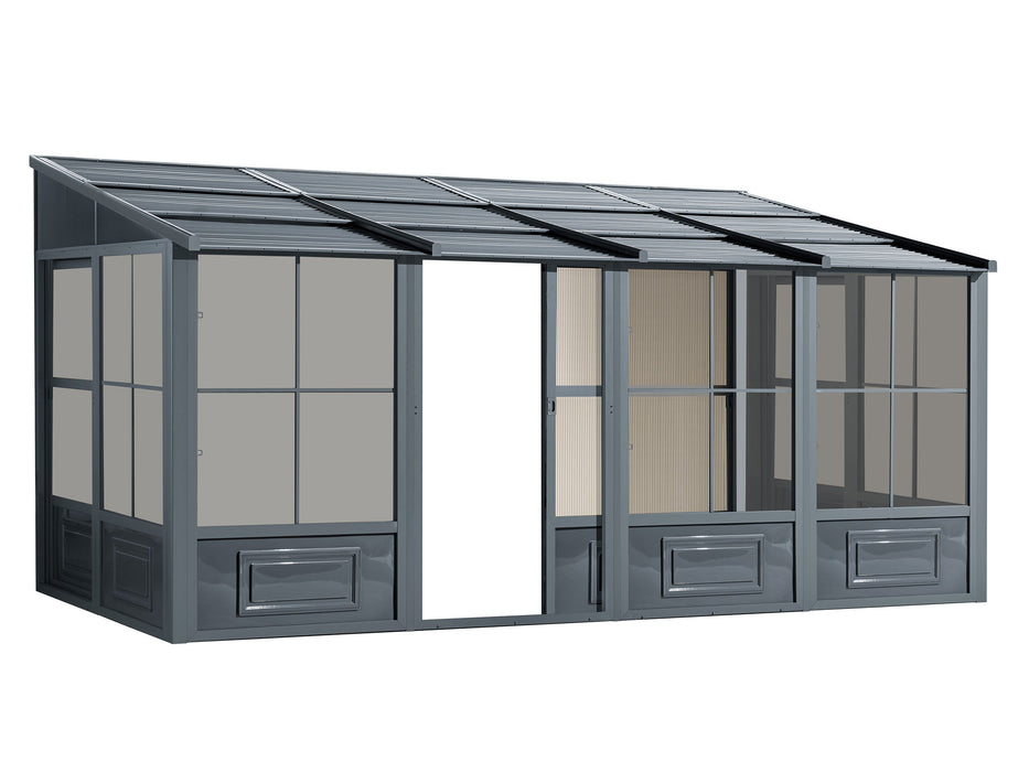 Full view of the 8x16 Florence Wall mounted Gazebo with slate metal roof, displaying the entire structure set against a plain background.