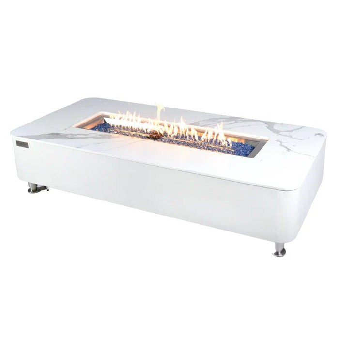 Athens Rectangular White Marble Base Fire Table with glass fire