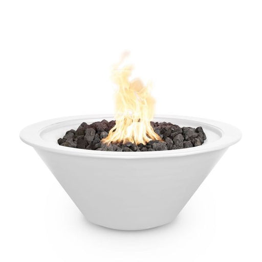The Outdoor Plus Round Cazo Fire Bowl in white, powder-coated metal, with bright flames providing a warm contrast to the crisp bowl color, in white background