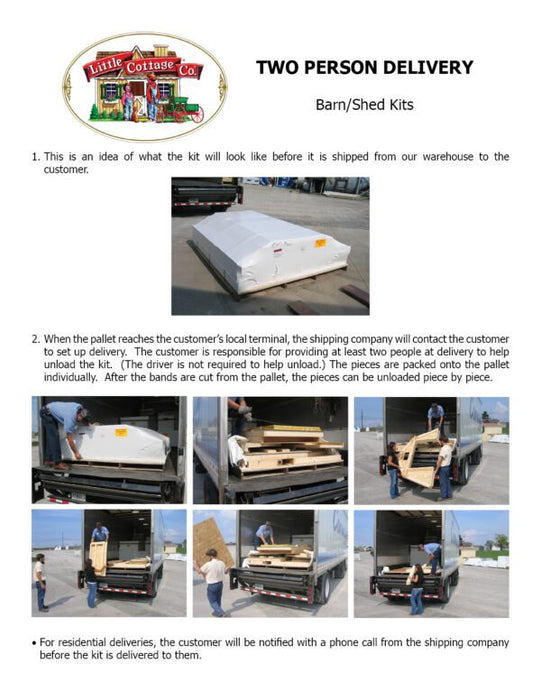 An informative sheet explaining the two-person delivery process of the Colonial Woodbury shed kit by Little Cottage Company, including images of the packaged kit on a pallet.