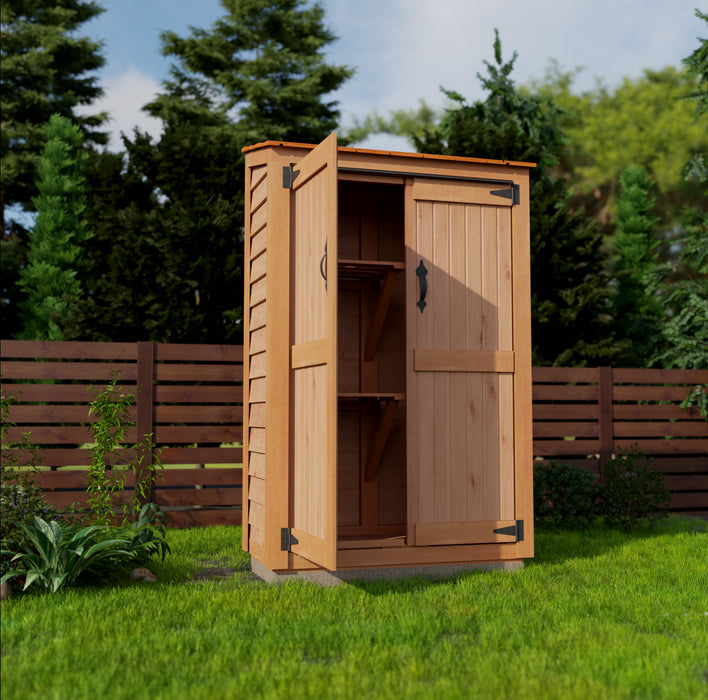 The Outdoor Living Today 4x2 garden chalet features double door that is partially open, providing a glimpse of the interior. The shed is positioned on a grassy lawn beside a stone pathway, under a clear sky. Tall green trees surround the area, creating a serene outdoor setting.