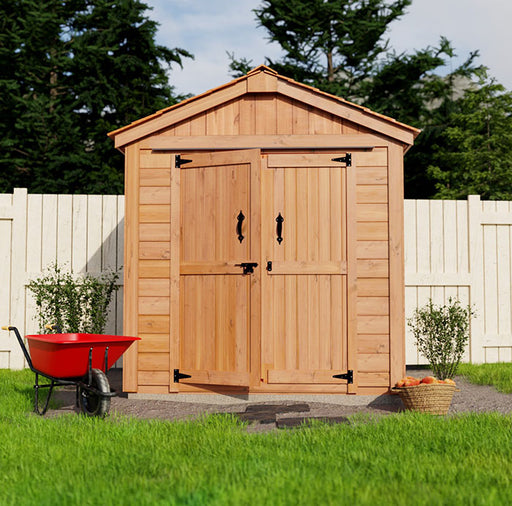 Front view of SpaceMaster 6x4 garden shed with double doors, made of natural wood, placed on a stone base