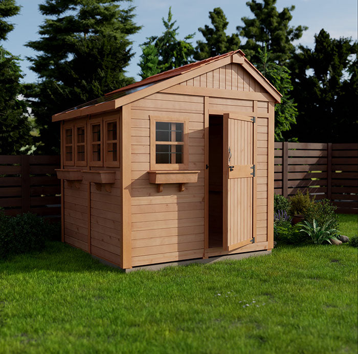 Outdoor Living Today Sunshed 8x8 Garden Shed with partially open door revealing interior structure, set against a lush garden.