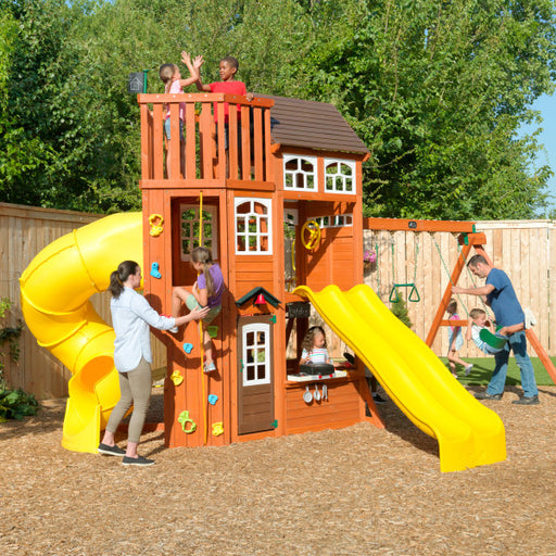 Kids bonding on the outdoor playset for kids