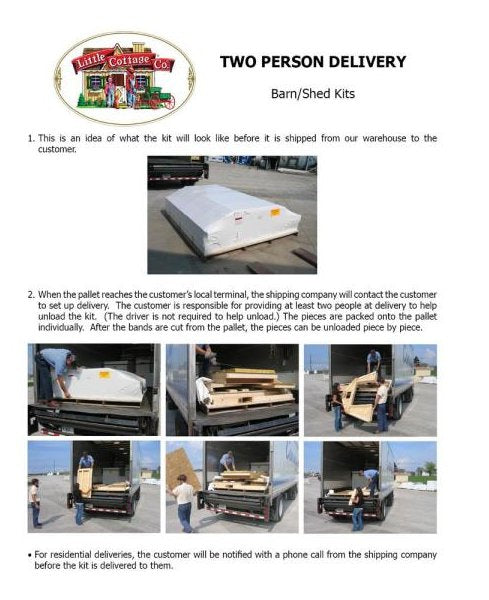 An instructional page showing the two-person delivery process for the Little Cottage Company Workshop Value Shed w/ Floor Kit.