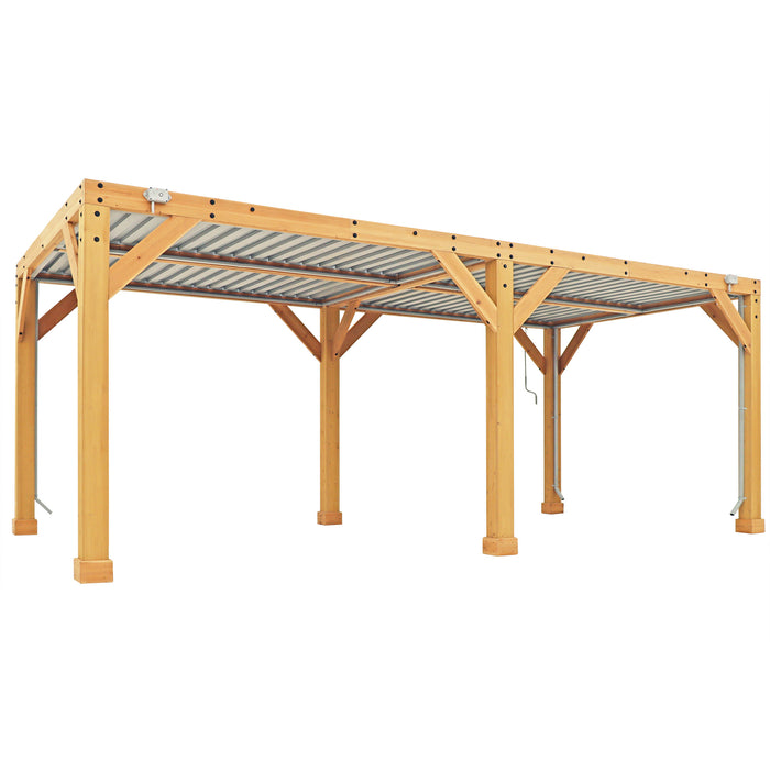 Bare wooden structure of the 10 x 20 Meridian Wood Room with Louvered Roof.