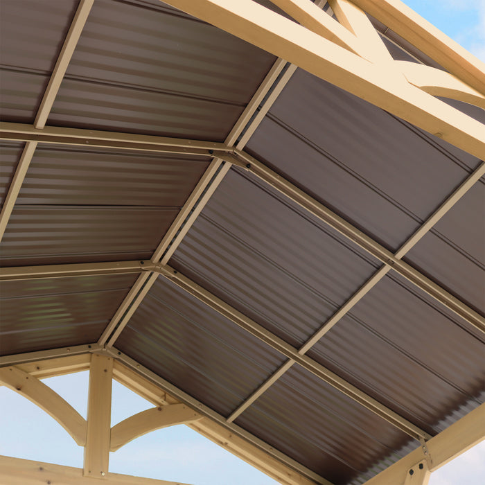 Underneath view showing the intricate wooden structure and aluminum roof of the Yardistry Meridian Grill Pavilion.