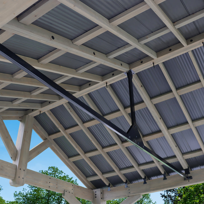 Underneath view showing the intricate wooden structure and aluminum roof of the Timber Frame 16x14 ft Pavilion.