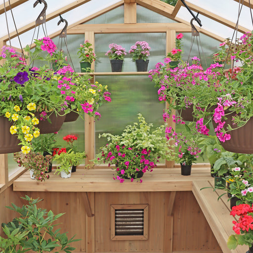 Flowers & plants inside a 6.7ft Yardistry Meridian Cedar Greenhouse.