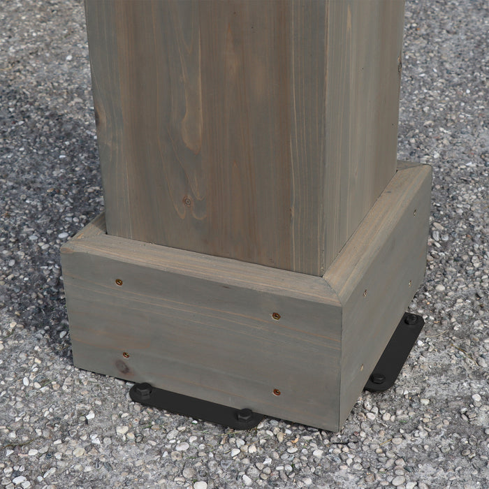 Close-up view of the base support, showing the wooden post, brace, and metal anchor of the 16x14 Yardistry Timber Frame Pavilion.