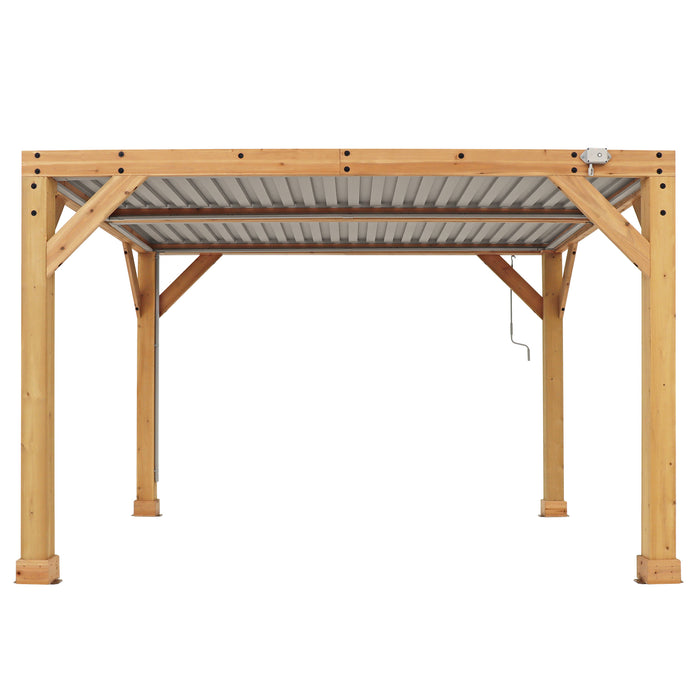 Bare wooden structure of the 10 x 12 Meridian Yardistry Wood Room with Louvered Roof.