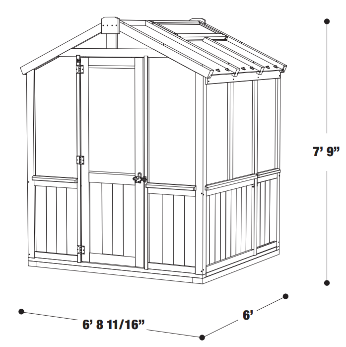 Dimensions of the Meridian Cedar 6.7ft x 6 Greenhouse.