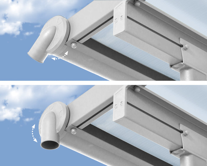 Adjustable gutter system for Canopia Sierra Patio Cover - White/Clear, showcasing drainage functionality.