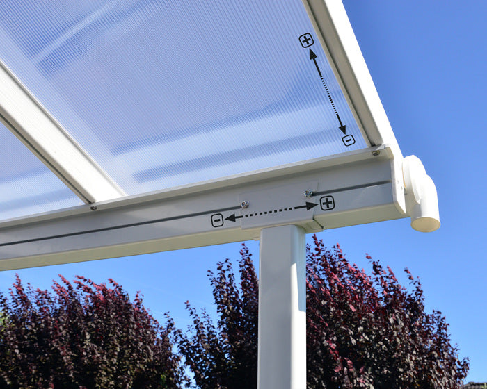 Adjustable support poles of Canopia Sierra Patio Cover - White/Clear, highlighting height customization feature.