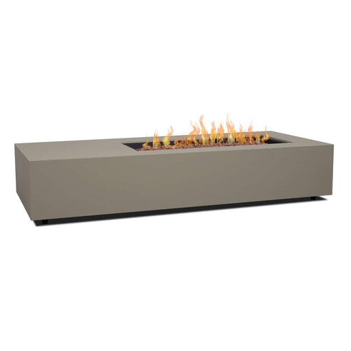 Aegean 75 asymmetrical rectangle fire table mist gray silo view