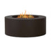 Dark bronze Real Flame Aegean round gas fire pit table with cylindrical base, lava rock bed and dancing flames on white background