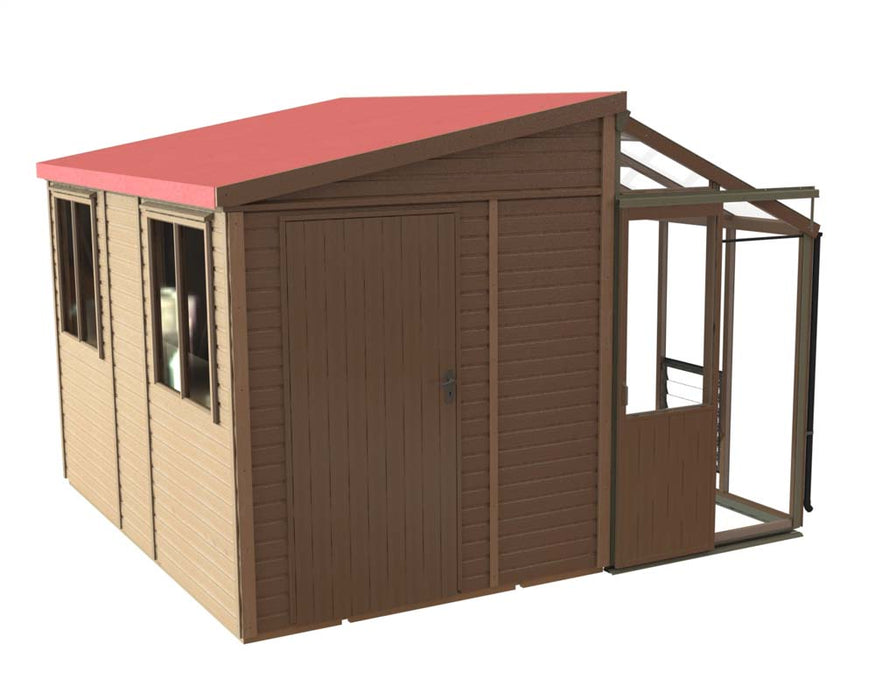 Render of the Alton Cedar Fusion Greenhouse featuring a red roof and wooden paneling, emphasizing its elegant design.