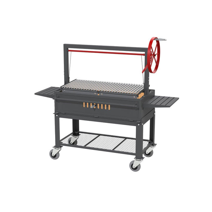 Angle view of the Sunterra Outdoor Santa Maria BBQ Grill with Cart, displaying the red hand crank and sturdy build.
