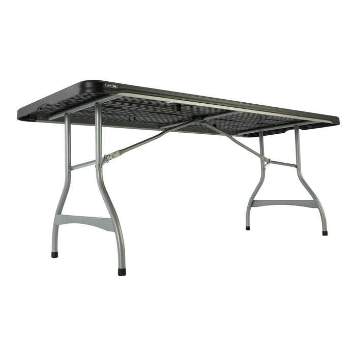 Angled bottom view of Lifetime 4 Pack 6-Foot Rectangle Nesting Table 480350 with locking legs and support bars