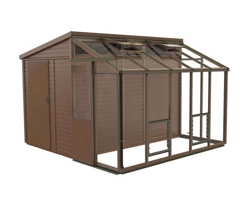 Angled render of the Alton Cedar Fusion Greenhouse, featuring wooden siding and glass panels.