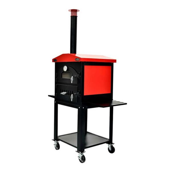 Angled view of the Sunterra Outdoor Wood Fired Oven with a red cart, perfect for wood-fired cooking in a portable design.