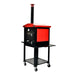 Angled view of the Sunterra Outdoor Wood Fired Oven with a red cart, perfect for wood-fired cooking in a portable design.