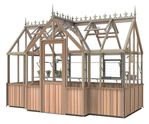 Angled view of the Alton Cedar 7x12 Durham greenhouse showcasing its elegant design with wooden panels and glass structure.