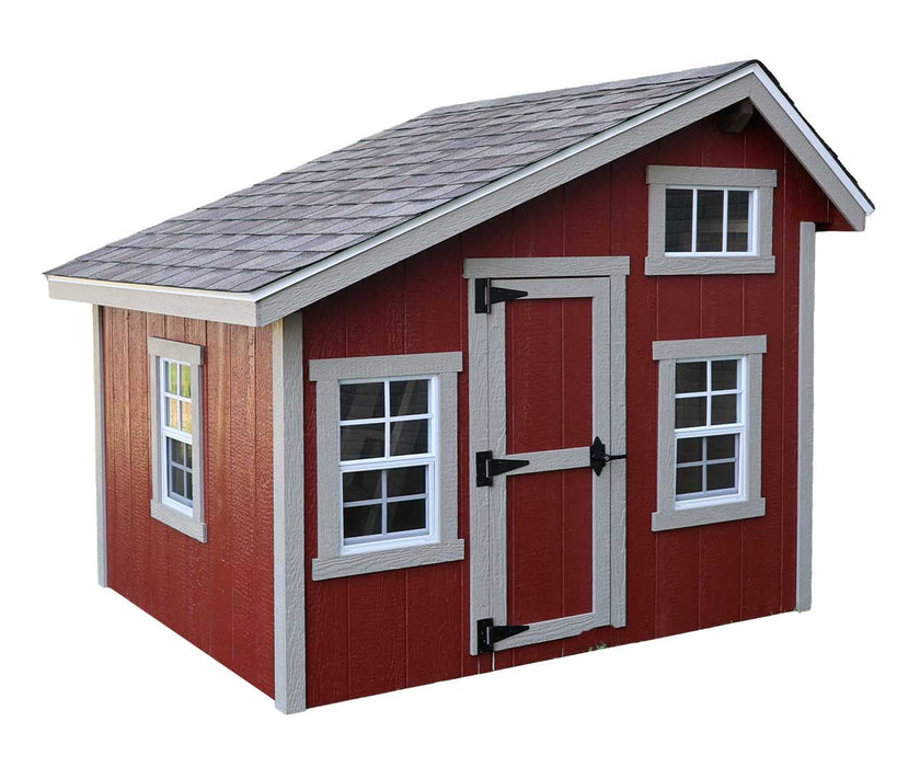 Angled exterior view of EZ-Fit Playhouse Kit in red with white trim, black hardware and shingle roof, durable backyard shed design
