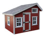 Angled exterior view of EZ-Fit Playhouse Kit in red with white trim, black hardware and shingle roof, durable backyard shed design
