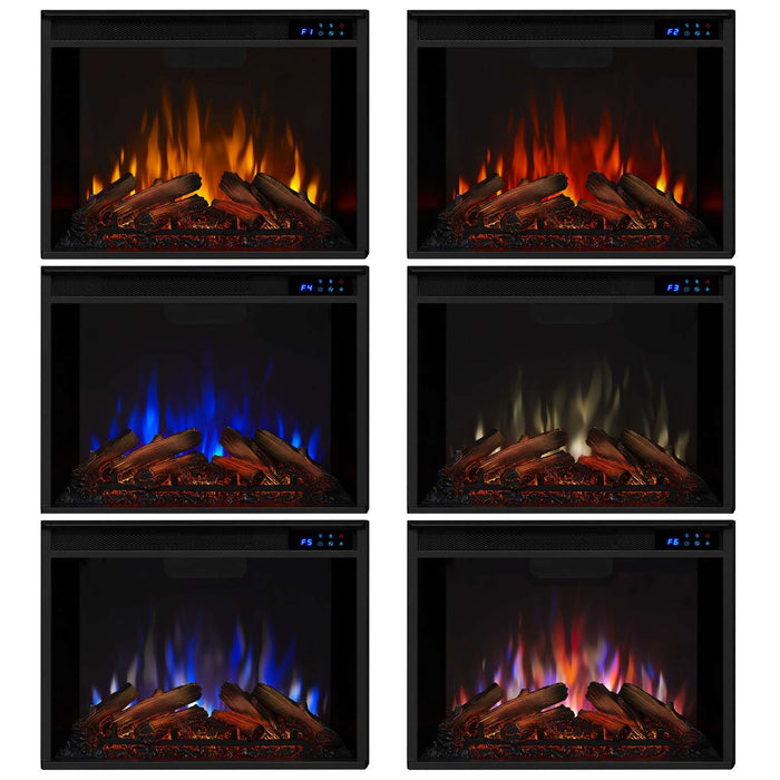 Real Flame Anika electric fireplace insert showing all 6 flame color settings: orange, red, blue, white, blue-orange blend, and multicolor flame effect