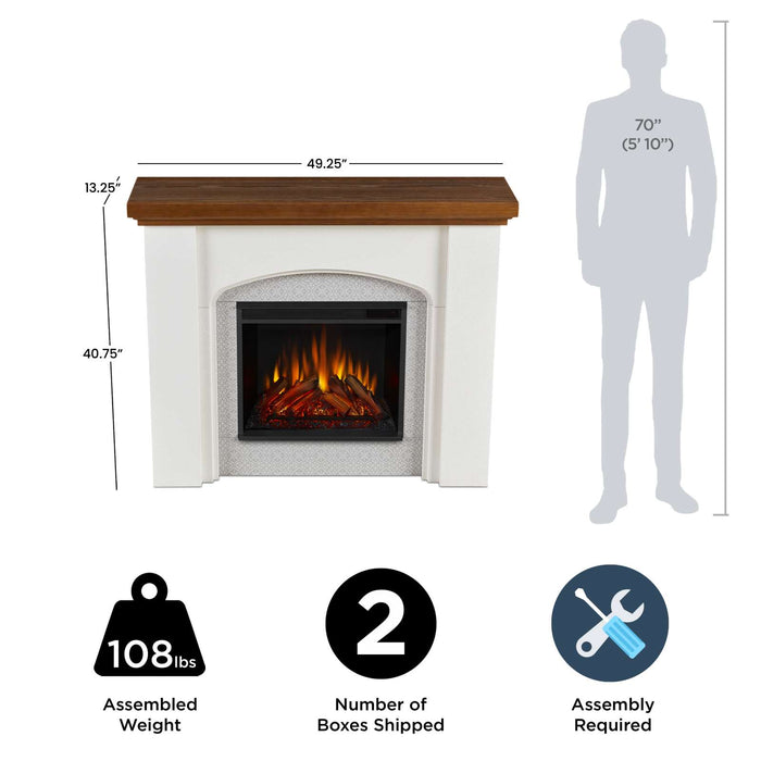Real Flame Anika electric fireplace mantel with dimensions 49.25"W x 13.25"D x 40.75"H, 108 lbs, ships in 2 boxes, assembly required, shown beside human silhouette for scale