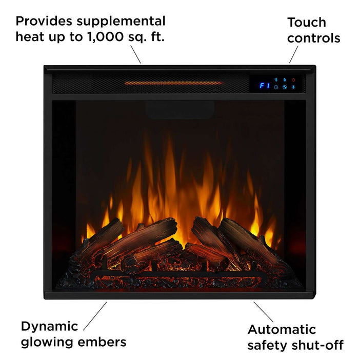 Real Flame Anika electric firebox front view with callouts: touch controls, 1000 sq ft heat output, dynamic glowing embers, and automatic safety shut-off