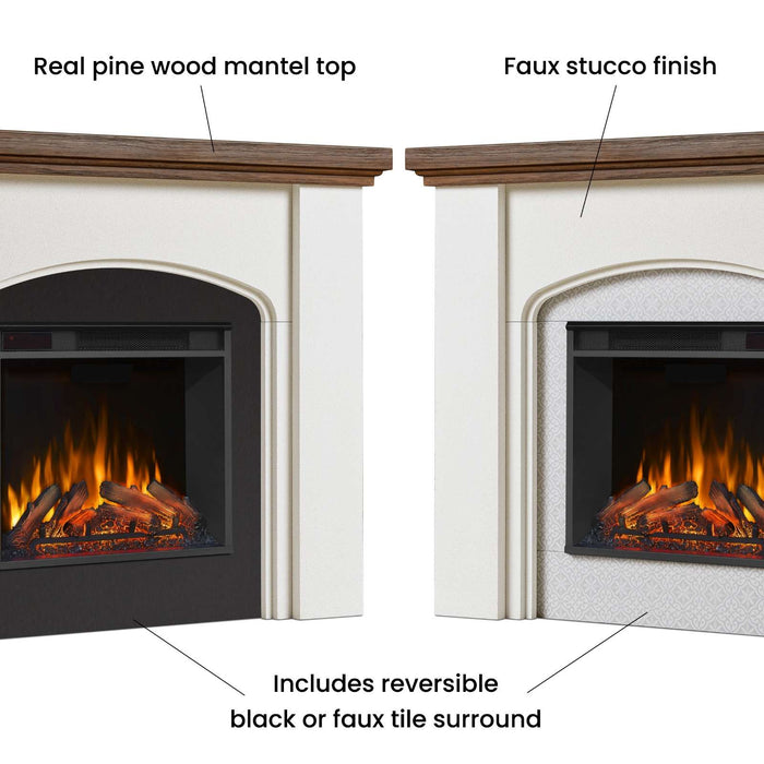 Real Flame Anika electric fireplace mantel split view showing real pine wood mantel top, faux stucco finish, and reversible black or faux tile firebox surround options