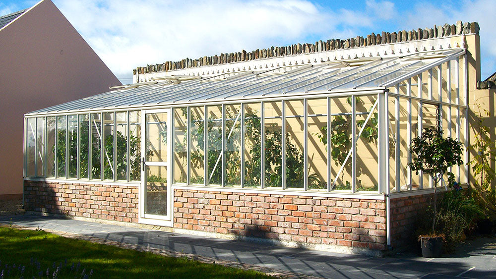 A freestanding Arcadia Plus lean-to greenhouse with a brick base, glass panels, and a pitched roof, attached to a house.