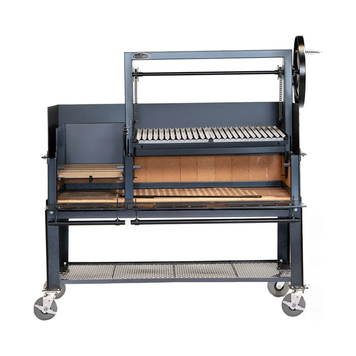 Sunterra 60-inch Argentine brasero grill on cart, side view highlighting the firebox design and construction.