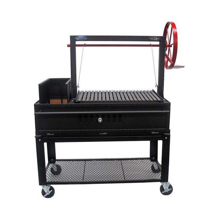 Front view of the Sunterra Argentine Side Brasero Grill 48in with cart, featuring the cooking surface and front storage area.