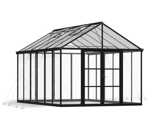 Isolated cutout of Aria 10x15 greenhouse in black finish with clear wall and roof panels
