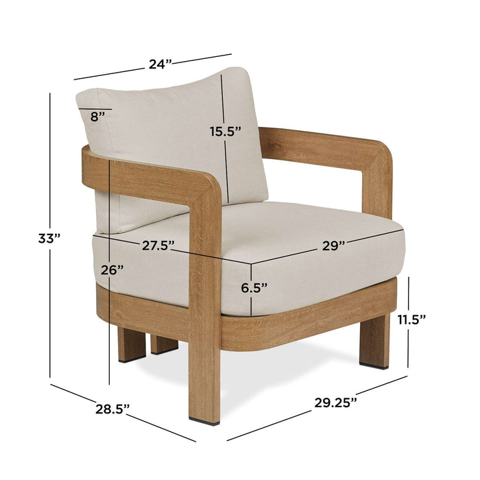 Detailed dimensions of the Real Flame Arlo Outdoor Seat Sofa with Cushions, showing measurements for width, height, seat depth, and cushion thickness.