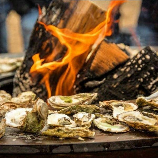 Oysters being grilled on the Arteflame Black Label 40 Inch Grill, focusing on the art of flame cooking.