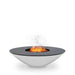 The Arteflame 40" Platinum Series Fire Pit With Cooktop is a sleek, modern fire pit featuring a wide, circular metal base and a black top, with visible flames and smoke emanating from it.