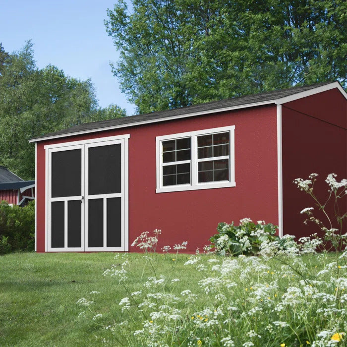 handy home shed red on the backyard