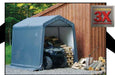 Red ATV parked under a ShelterLogic Shed-in-a-Box 8 x 8 x 8 ft. with firewood logs stored next to it in a shed