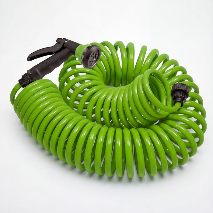 Green coiled garden hose with a multi-pattern spray nozzle from the Outdoor Living Today Auto-Watering System, shown on a white background