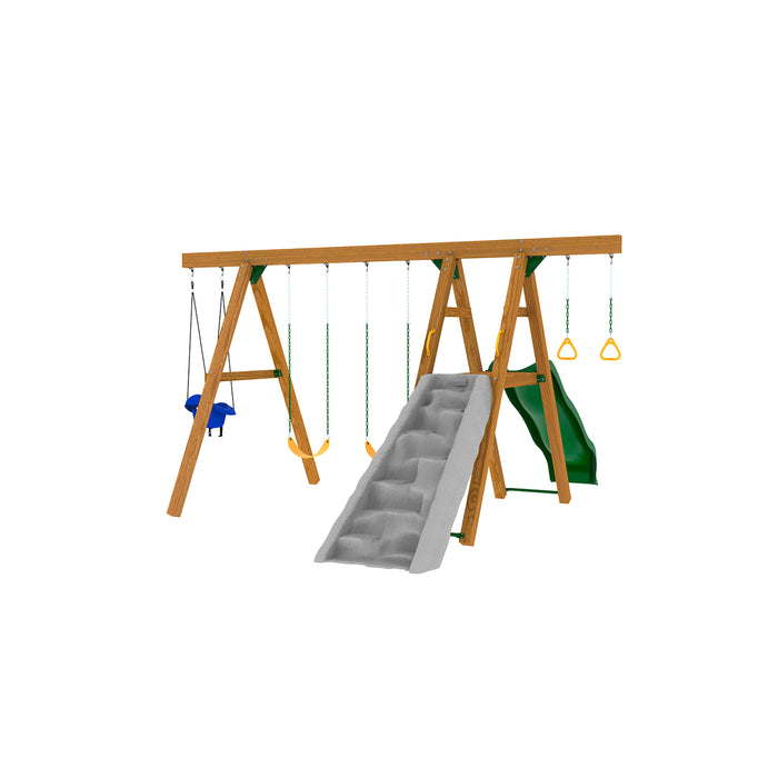 Rear view of Playstar Mesa Gold Swing Set showing gray climbing wall and gym rings.