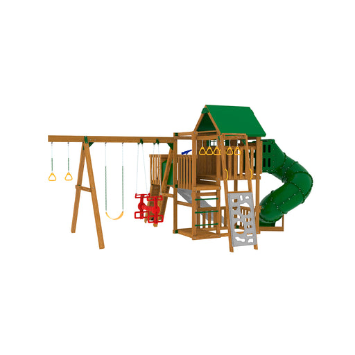 Back view of Playstar Summit Gold playset showing swing beam, climbing wall, and tube slide for backyard fun.