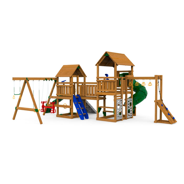 Rear view of Playstar Super Star Gold Playset showing dual slides, swings, and connecting bridges