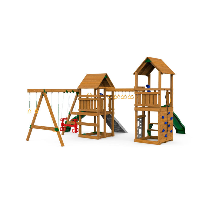 Rear view of Playstar Super Star Silver Playset showcasing rock wall, monkey bars, and swing set