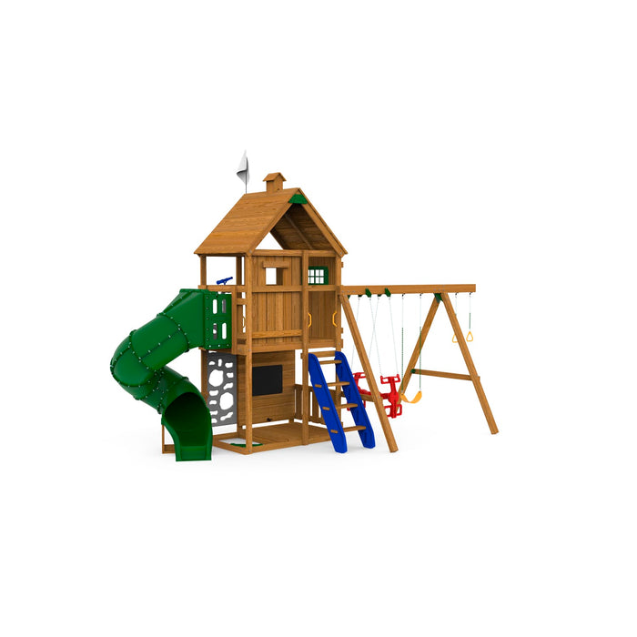 Back view of Playstar Ridgeline Gold Playset showing tube slide, rock wall, and sturdy wooden frame.